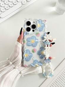 Funda protectora para teléfono con textura de flor, borde ondulado, pintada en azul brillante, compatible con iPhone XR/7/8, con accesorio de pulsera con cuentas, compatible con iPhone 16/16 Pro/16 Plus/16 Pro Max, 15 Pro Max, 13, 14, funda suave para Galaxy, Ximi, Note 11, Ximi 11 Lite - Multicolor - Ver 5