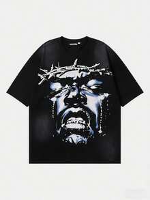 Plus Size Hellstars The Future Is Hellstars Back Print Y2K Graphic T-Shirt,220g 100% Cotton,Round Neck Short Sleeve,Black Streetwear Essential For Summer Going Out,Unisex Style - Black - View 1