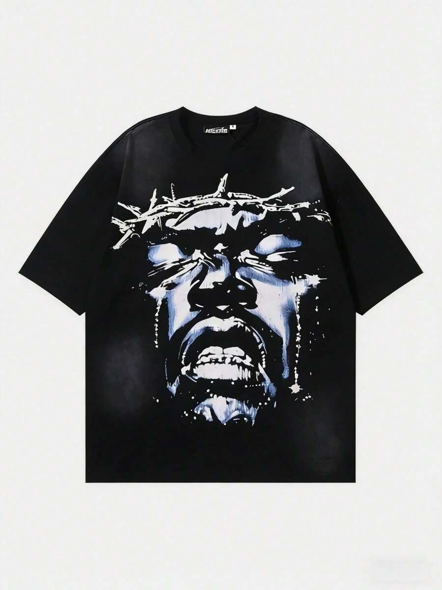 Plus Size Hellstars The Future Is Hellstars Back Print Y2K Graphic T-Shirt,220g 100% Cotton,Round Neck Short Sleeve,Black Streetwear Essential For Summer Going Out,Unisex Style - Black - View 1