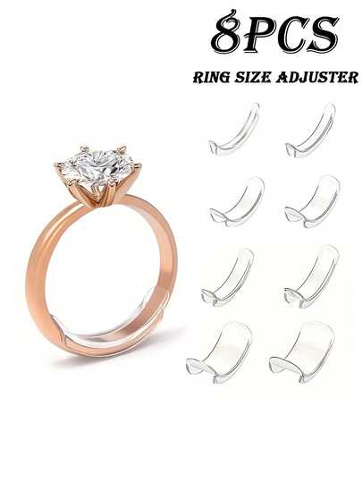 8 miếng đệm chỉnh kích cỡ nhẫn trong suốt, vô hình - Miếng đệm silicon điều chỉnh được, phù hợp cho nhẫn đính hôn, cưới và đeo hàng ngày - Nhẹ, dễ sử dụng - Phù hợp với mọi kiểu nhẫn, thích hợp cho cô dâu, trang sức cưới, thiết kế thời trang, chất liệu mềm mại, nhẫn nữ chất lượng cao, dụng cụ chỉnh kích cỡ nhẫn, miếng đệm điều chỉnh kích cỡ nhẫn, miếng đệm ổn định nhẫn, miếng đệm điều chỉnh vô hình phù hợp với mọi kích cỡ nhẫn.