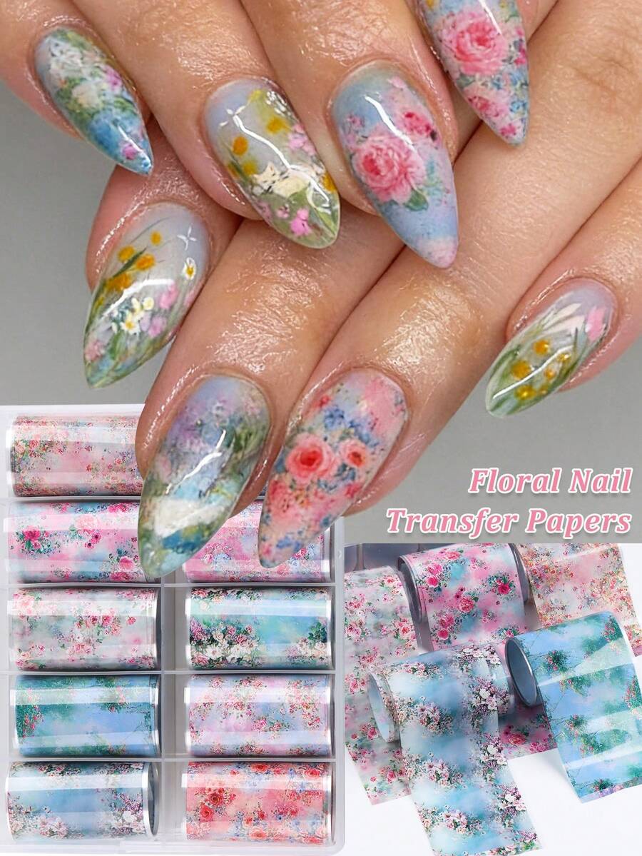 10张梦幻水彩花卉美甲转印贴纸，浪漫玫瑰樱花图案美甲贴，春季DIY美甲装饰用品