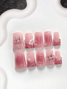 10件套雨季风多功能凝胶美甲套装，亚克力压制甲片，手绘纯色水波纹、雨滴、白色五瓣花图案、四瓣纯色花朵、白色珍珠装饰，优雅精致风格，是送给女性和女孩的理想礼物。 - 彩色 - 查看 2