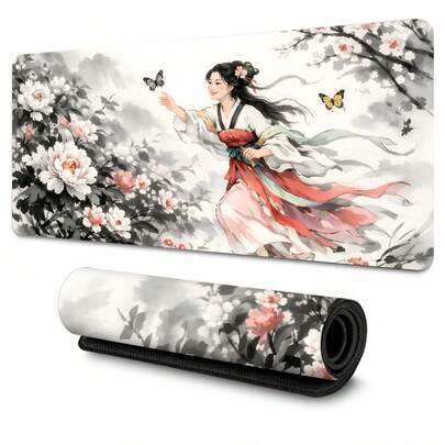 1个中国水墨古美人橡胶鼠标垫，大号防滑桌垫，办公及游戏桌垫，光滑耐用，中式桌面装饰，桌面保护垫