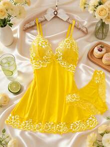 两件套撞色花卉蕾丝睡衣套装，V领半透明蝴蝶结睡裙和内裤，优雅女士睡衣 - 黃色 - 查看 12