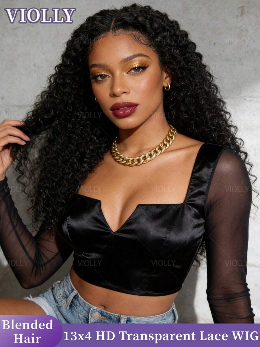 VIOLLY Jerry Curly 28英寸 13x4 高清透明蕾丝前额耳到耳自由分缝 200% 密度 熔合发际线 婴儿绒毛 预先拔毛 预先漂白发结 耐热 轻盈透气 真人发混纺假发 #1B 自然黑