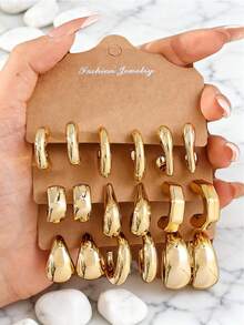 一套时尚几何图案CCB耳环，百搭日常佩戴，适合女性，生日/节日礼物 - 金黃色 - 查看 1