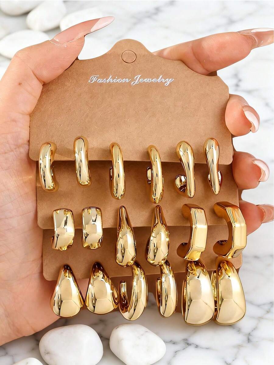 一套时尚几何图案CCB耳环，百搭日常佩戴，适合女性，生日/节日礼物 - 金黃色 - 查看 1