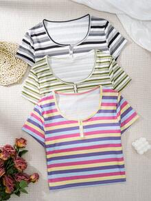 Bộ đồ ngủ ngắn tay kẻ sọc 3 món dành cho nữ, thiết kế cổ tròn. - Nhiều màu - Xem 5