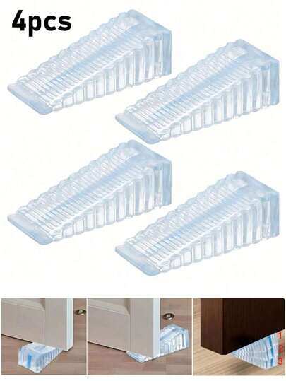 4pcs Transparent Silicone Wedge Door Stopper, Easy Installation, Minimalist Style, Sturdy Structure, Suitable For Home & Office Safety, Striped Design