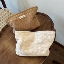 INS Style Cosmetic Bag For Women, Luxury Texture Handy Makeup Pouch, Large Capacity Thickened Travel Toiletry Bag, Portable Sanitary Napkin Storage Bag - 稻穗花紋-奶白色 26x18cm - 查看 6