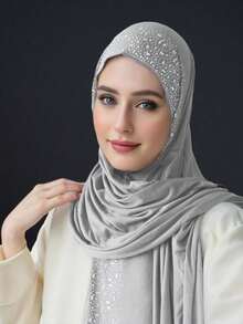 1pc Women's Popular Crystal Solid Color Knitted Headscarf Shawl, Soft Hijab Scarf, Casual Long Scarf - A - View 24