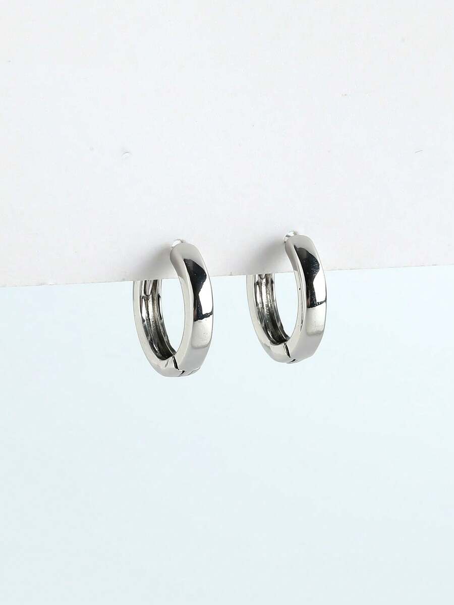 2 piezas Pendientes de aro de metal con tono plateado minimalista y versátil - Plateado - Ver 1
