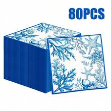 80/40/20张 13*13英寸 一次性浅蓝色海洋元素图案餐巾纸，适用于家庭聚会、户外野餐、婚宴、酒店和餐厅装饰用纸 - 查看 3