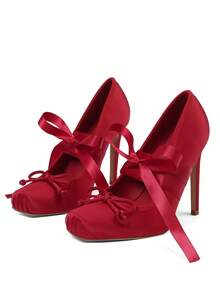 Ballet Heels Satin Stiletto Heels For Women Close Square Toe Bow Lace Up Ribbon Strappy Mary Jane Slingback Ballerina Pumps Lolita Party Wedding Prom Dress Shoes Cute Aesthetic Heels - 紅色 - 查看 9