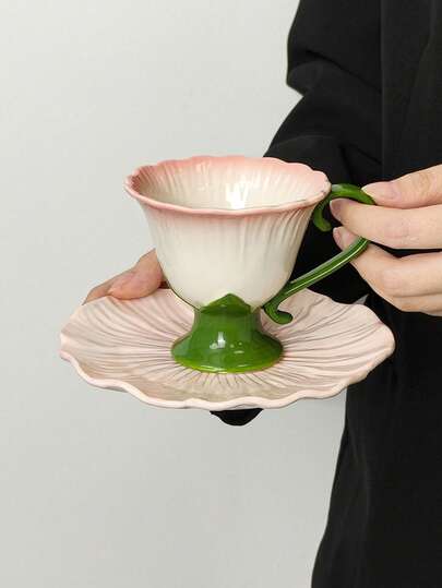 1 Set Ins Style Hand-Painted Embossed Floral Ceramic Coffee Cup & Saucer, Flower Shaped Mug, Office Breakfast Milk Cup, Bread Plate, Home Garden Afternoon Tea Coffee Latte Cup, Juice Beverage Cup, Couple Water Cup, Holiday Gift Cup For Family & Friends