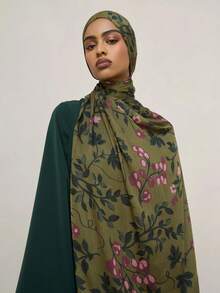 1条女士波西米亚水彩印花雪纺围巾，优雅的春秋季头巾，适合日常和户外穿着 - 墨綠色 - 查看 6