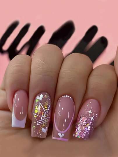 24片优雅彩色闪光假指甲，紫色粉末点缀，包含皇冠、条纹、爱心图案，亮面质感，适合约会、派对、春夏秋冬日常佩戴。可卸式按压美甲套装，包含甲油胶和指甲锉，易于佩戴且持久耐用，随机附赠甲油胶。