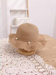 女童夏季荷叶边珍珠草帽，带蝴蝶结，沙滩遮阳帽 - 珍珠 - 查看 4