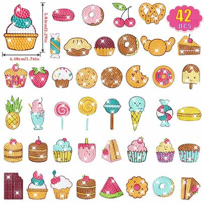 42pcs Diamond Painting Cartoon Ice Cream & Cake Diamond Stickers, DIY Freestyle Stickers