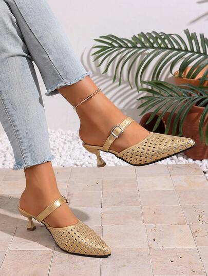 1 đôi sandal cao gót mũi nhọn rỗng màu vàng kim, thích hợp cho các bữa tiệc, biểu diễn và phối đồ, giày hè cho tuổi teen.