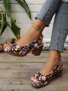 白色轻便高跟鞋，夏季新款镂空高跟女鞋，复古休闲魔术贴粗跟女鞋 - 黑色花朵 - 查看 2