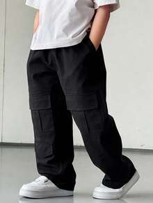 1件装 男童时尚多口袋设计户外休闲百搭直筒工装裤 - 黑色 - 查看 5
