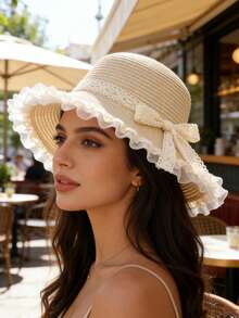 1顶女士夏季蕾丝蝴蝶结草帽 - 优雅甜美风格 - 宽檐遮阳帽，适合海滩度假 - 女士夏季防晒帽 - A - 查看 1