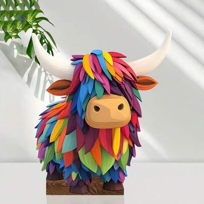 Tượng bò cao nguyên nhiều màu sắc, kích thước 8x6.7 inch - Phong cách Bohemian, làm bằng gỗ, in 2D hình bò cầu vồng, vật trang trí động vật nông trại sống động cho phòng khách, phòng ngủ, văn phòng - Món quà tuyệt vời cho người yêu động vật.