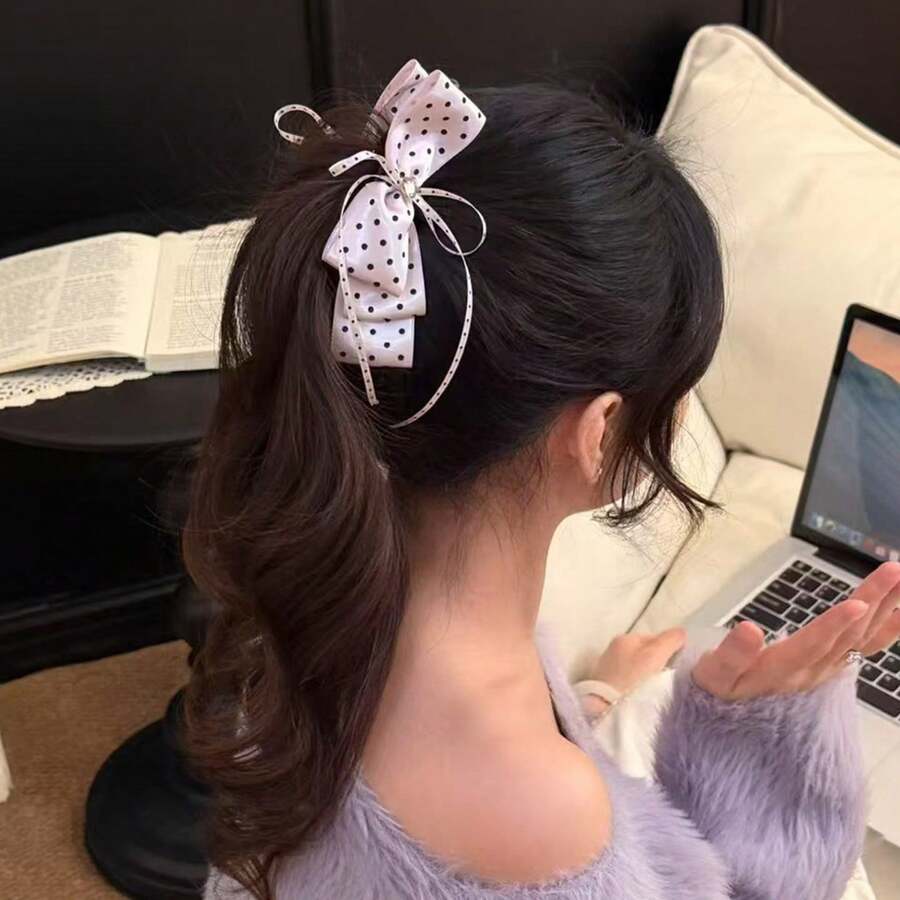 1pc Women's Polka Dot Bow Banana Hair Clip, Elegant Half-Up Hairstyle Accessory, Minimalist Hair Clip - Multicolor - View 1