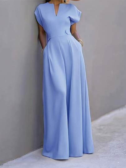 Women's New Solid Color Cutout Pocket Wide Leg Jumpsuit, Suitable For Daily, Office, Vacation, Spring/Summer (Size Runs Small, Suggest Ordering Up) Elegant