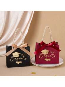 1pc Black Graduation Gift Bag, Graduation Season Gift Packaging Bag, Black Hot Stamping Gift Box With Bow Ribbon, Suitable For School Celebrations, Teacher's Day Events, Surprise Gift Bags, Party Gift Box Packaging - Multiple Styles - View 5