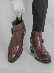 Men's Retro British High Heel Chelsea Ankle Boots, Pointed Toe Elevator Casual Western Cowboy Boots - Brown - View 1