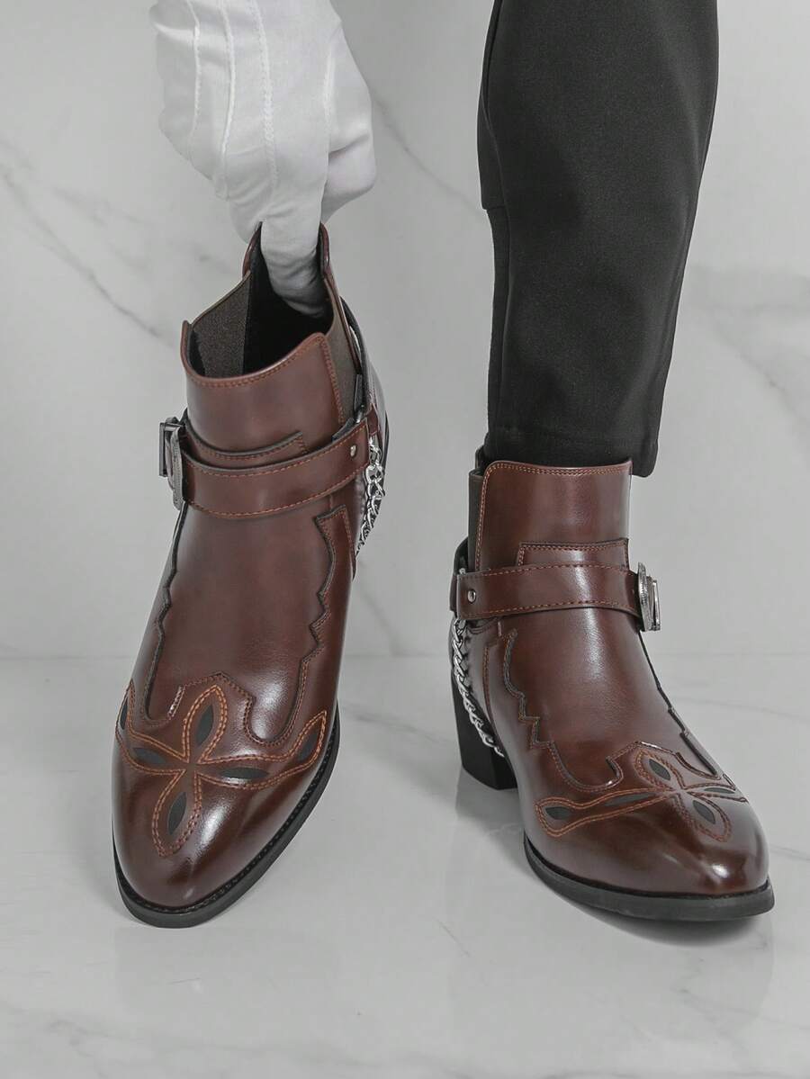 Men's Retro British High Heel Chelsea Ankle Boots, Pointed Toe Elevator Casual Western Cowboy Boots - Brown - View 1