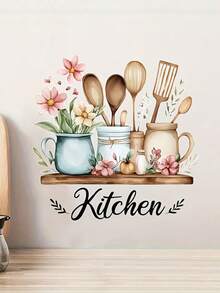 1张厨房墙贴 - 调味瓶上的花卉图案，自粘可重复使用乙烯基贴纸，适用于厨房、客厅和餐厅装饰 - 可水洗现代家居艺术，厨房装饰，趣味插画 - 1PC - 查看 5