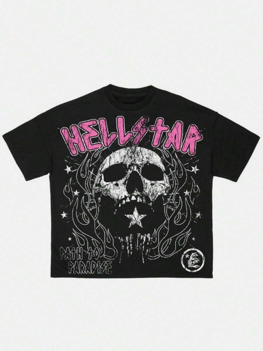 Hellstars Path To Paradise Skull Flames Y2K Graphic T-Shirt,220g 100% Cotton,Round Neck Short Sleeve,Black Streetwear Essential For Summer Going Out,Unisex Style - 黑色 - 查看 1