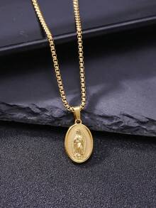 18K Gold Plated Silver Tone Guadalupe Virgin Mary Oval Pendant Necklace For Men Women 316L Stainless Steel Virgin Mary Box Chain Necklace - Gold - View 3