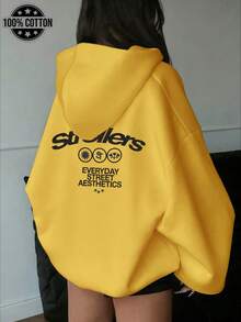 2026新款時尚街潮圖案印花連帽衫，落肩長袖休閒百搭抽繩設計衛衣，專為女士打造，薄款春秋夏季節中性風格，適合日常穿 - 黃色 - 查看 1