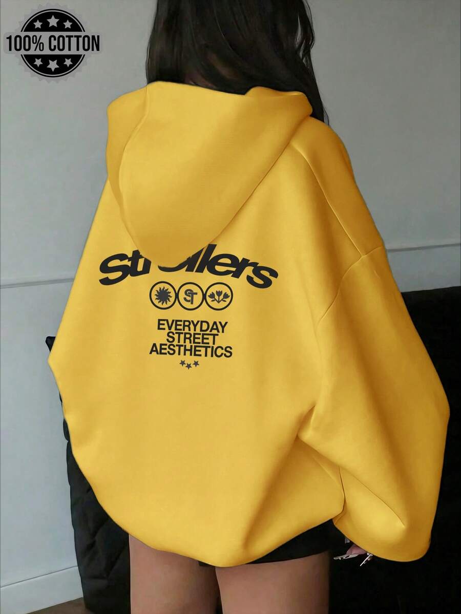 2026新款時尚街潮圖案印花連帽衫，落肩長袖休閒百搭抽繩設計衛衣，專為女士打造，薄款春秋夏季節中性風格，適合日常穿 - 黃色 - 查看 1