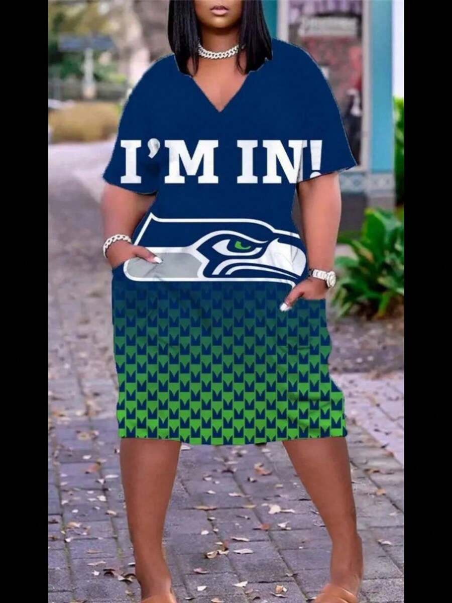 Seatt-Le Seahawk-S Plus Size Casual Short-Sleeve Dress, 3D Printed V-Neck Stretch Dress - Style - View 1