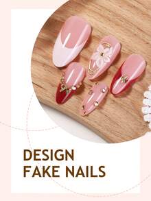 24片装中号杏仁形Y2K风格花朵亚克力假指甲套装，包含蝴蝶结/星星/钻石/金色珍珠装饰，适用于美甲沙龙、日常佩戴、节日及礼品。 - 彩色 - 查看 3