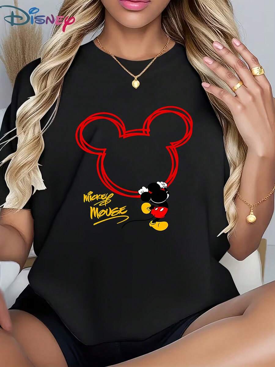 Disney Mickey Mouse Red Outline Head Graphic T-ShirtMade From Soft, Comfortable, And Durable Pure Cotton, This Is An Ideal Choice For Spring And Summer. This Crew Neck T-Shirt Is Suitable For Various Occasions, Including Everyday Wear, Shopping, Parties, Travel, And Gatherings, And Also Makes A Thoughtful Gift. - White - View 1