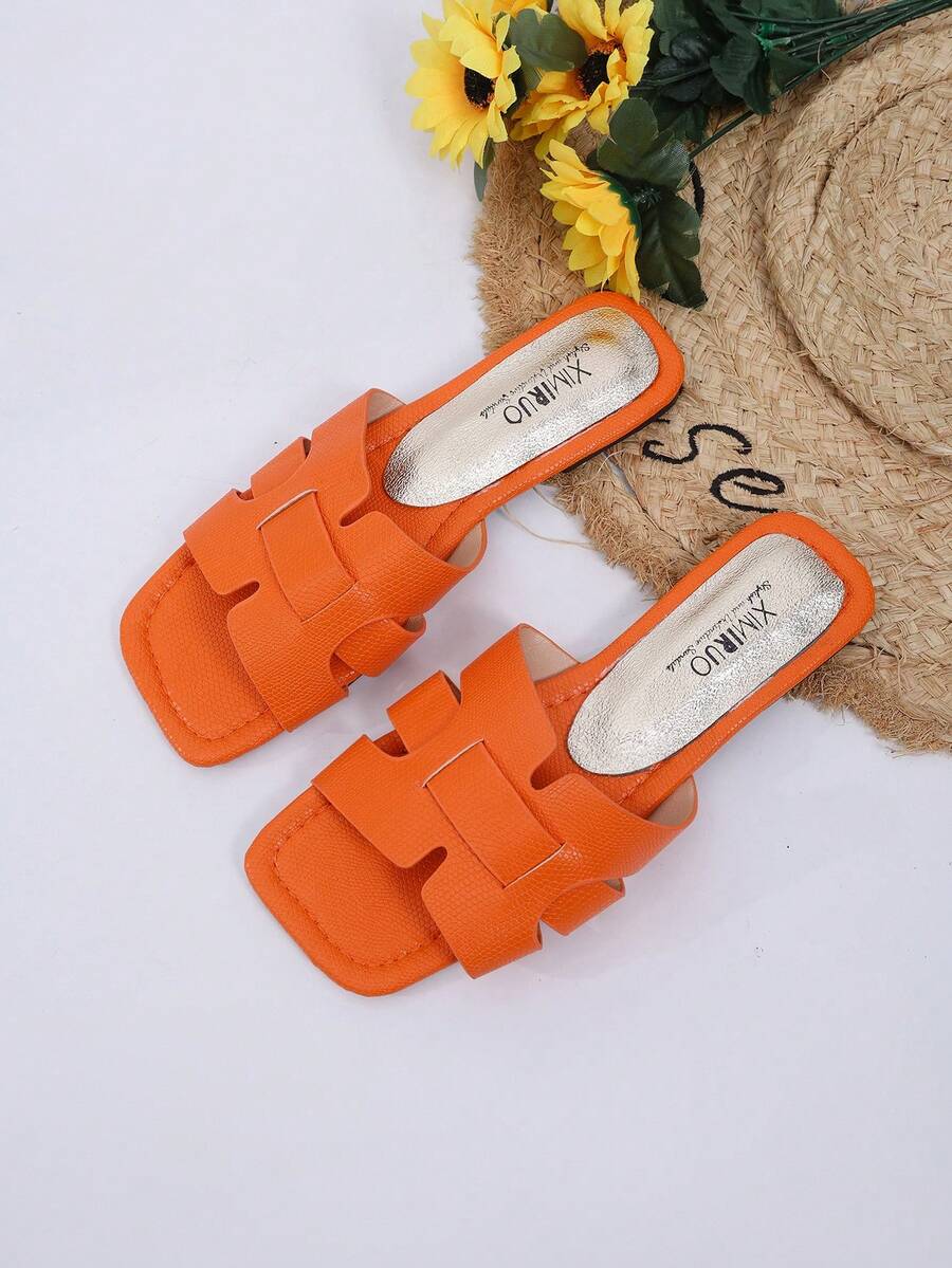 New Spring/Summer Fashion Casual Strap Slide Sandals, Comfortable Flat Heel Round Toe Slip-On Beach Slippers, Versatile Decorative Flat Sandals For Summer - Orange - View 1