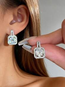 1对方形耳钉，女士锆石镀银耳环，生日派对新娘婚礼珠宝礼物，送给情侣、爱人、女友 - Earrings - 查看 2