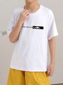 Camiseta de manga corta de cuello redondo con estampado informal para niños preadolescentes, top de verano - Blanco - Ver 2