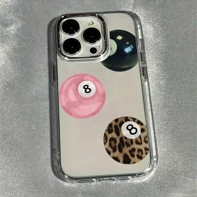 Billiards 1pc Transparent Metal Button Minimalist Personalized Pink Digit Pool Ball 8 Pattern Phone Case, Suitable For IPhone 16 Pro Max, 17/16/15/14 Plus, 13/12/11, Air