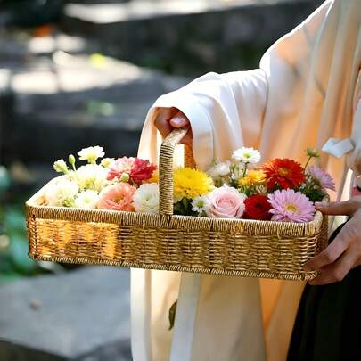 1pc Handwoven Rattan Flower Basket, Rattan-Style, Rustic Decor, Suitable For Living Room Decoration And Gift Packaging