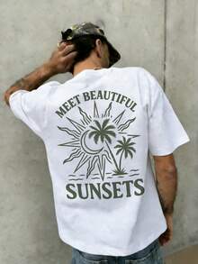FRACTYR Men's Summer Casual Street Fashion Loose Coconut Tree Graffiti Retro Double-Sided Print Round Neck Short Sleeve Leisure T-Shirt - White - View 2