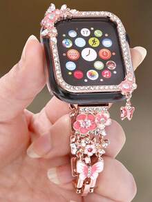 1/Set Watch Band+Watch Case, Participants In Pink Flowers Fringe Set Auger Butterfly Chain Metal Strap + Pink Flowers Fringe Butterfly Set Auger Hollow Out Pc Protection Case, Compatible With Apple Watch40/41/44/45mm, Compatible With Apple Watch Series Ultra3/2/1/ Se/11/10/9/8/7/6/5, Lovely Watch Band, Adjustable Smart Watches Accessories, Birthday Gifts, Anniversary Gifts, Weddings, Everyday Decorations Are Available - Pink - View 5