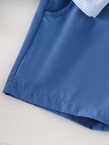 两件套幼儿男童休闲户外短袖印花衬衫+短裤套装，轻便夏季商务通勤装。 - 寶藍色 - 查看 10