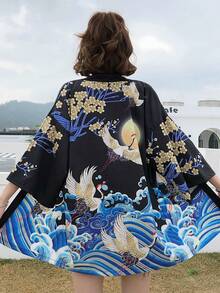 中国风复古可爱学院风仙鹤印花罩衫，和服外套，夏季沙滩比基尼罩衫，防晒外套 春季黑色 - 黑色 - 查看 1